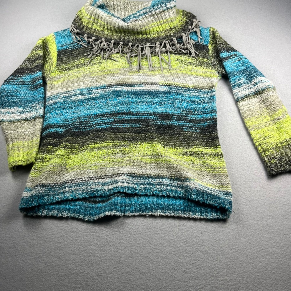 Ruby Rd Petite Cowl Neck Fringe Trim Striped Sweater Blue Lime Green Wool Blend